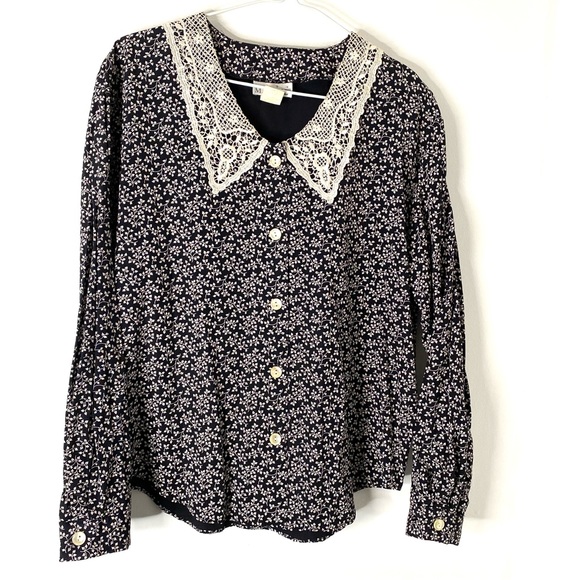 Vintage Lace Collar Black Floral Blouse - Picture 1 of 11